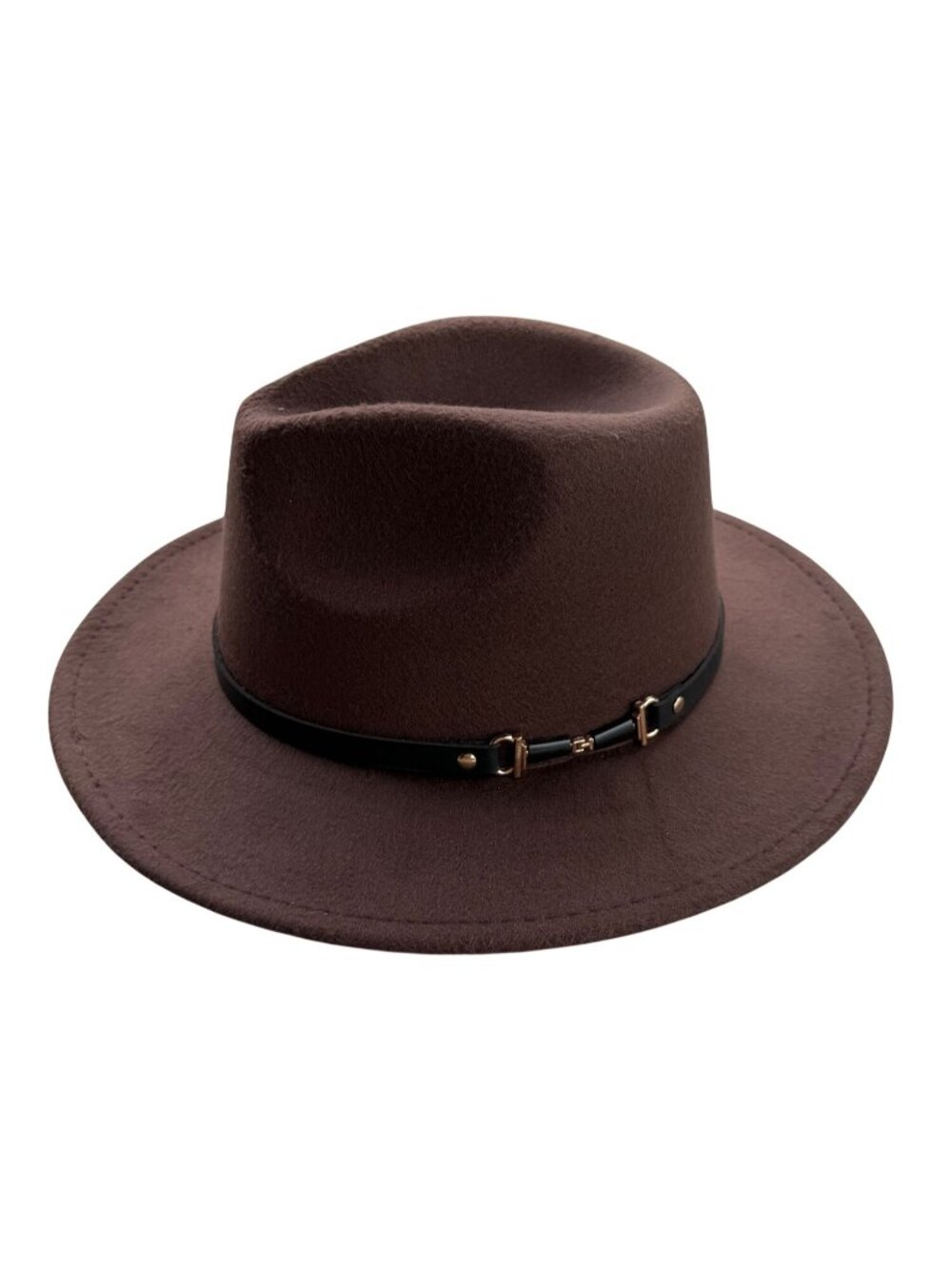 Unbranded Brown Fedora Felt Hat w/Black Belt Band Gold Buckle Unisex Size 57cm